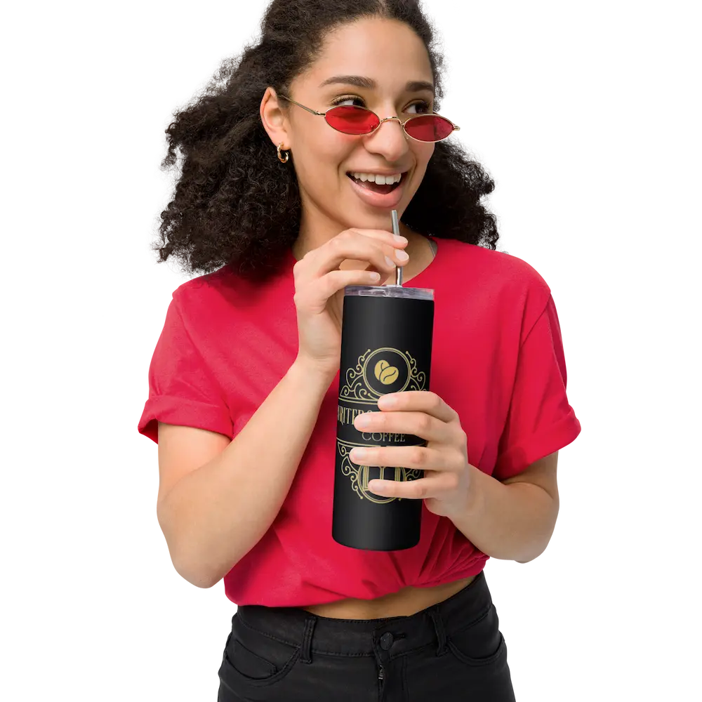 Writers & Readers fiction Coffee stainless steel tumbler in use