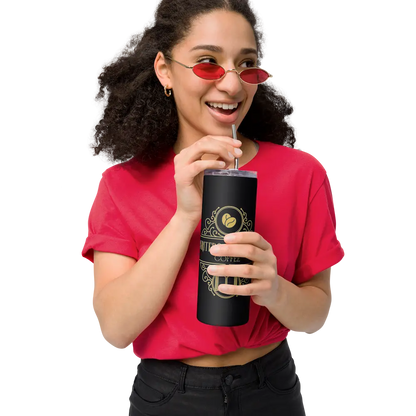 Writers & Readers fiction Coffee stainless steel tumbler in use