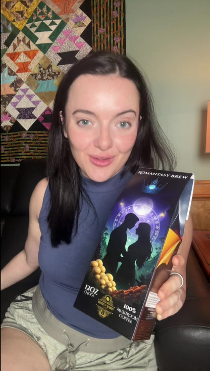Writers & Readers Romantasy Mushroom Bookish Coffee with chaga and lion's mane being explained by a romantasy book lover